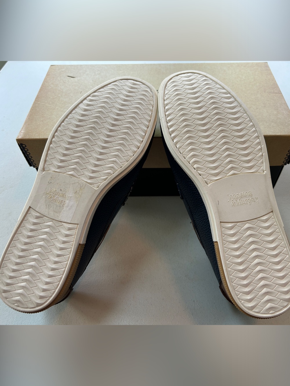 Johnston & Murphy Navy Leather Slip-On Moccasins with Tan Accents - Picture 6 of 9